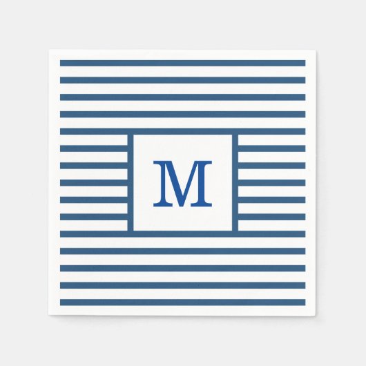 Serviette En Papier Bleu foncé et Blancs Monogramme personnalisé (Devant)