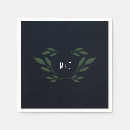 Serviette En Papier Bleu foncé et vert Feuille verdure Mariage rustiqu (Devant)
