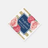 Serviette En Papier Bleu Gold Stripes Fête des mariées Fleurs roses (Coin)
