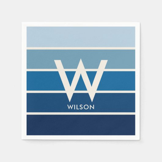 Serviette En Papier Bleu Gradient rayé Monogramme Partie personnelle (Devant)