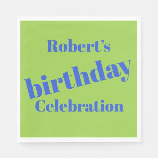 Serviette En Papier Bleu Gras Sur Lime Vert Anniversaire (Devant)