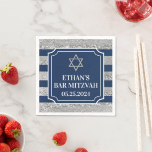 Serviette En Papier Bleu, Gris Barre Barrée Mitzvah