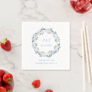 Serviette En Papier Bleu Gris Blanc Monogramme Floral Mariage