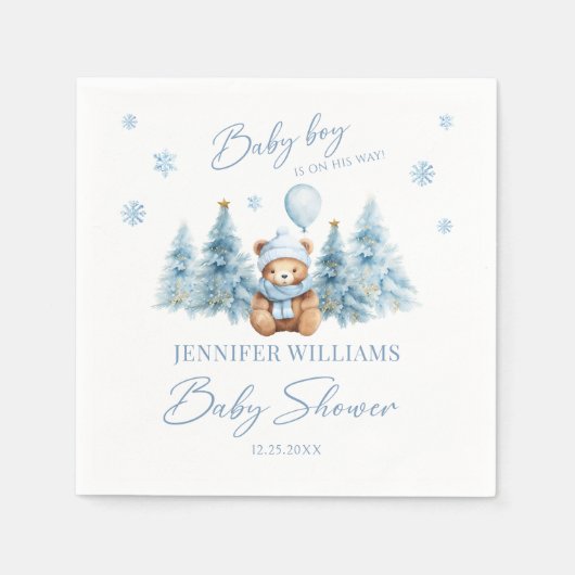 Serviette En Papier Bleu hiver Neige Teddy ours bébé Garçon Douche Pap (Devant)