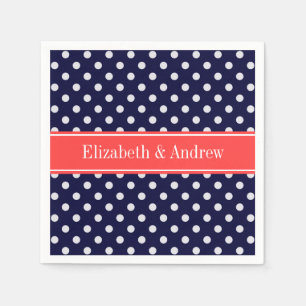 Serviette En Papier Bleu Marine Blanc Points de Polka Corail Monogramm