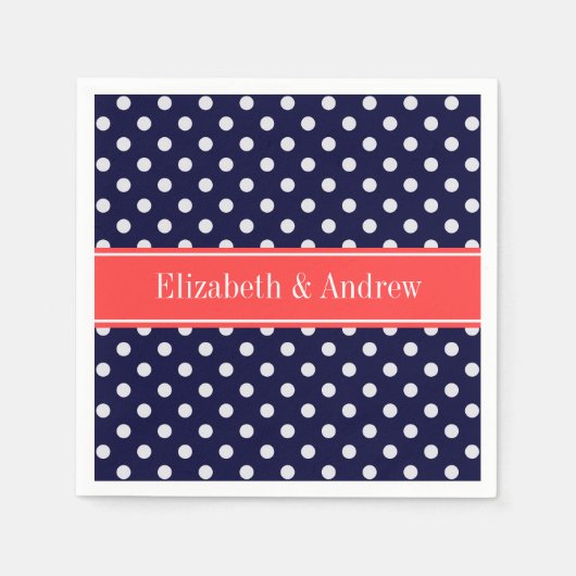 Serviette En Papier Bleu Marine Blanc Points de Polka Corail Monogramm (Devant)