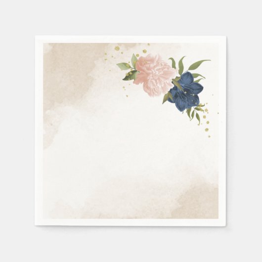 Serviette En Papier bleu marine fleurs vert feuille mariage (Devant)