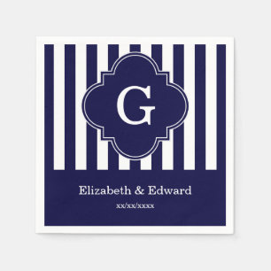 Serviette En Papier Bleu Marine Rayures Blanches, Monogramme Label Nav