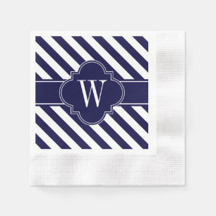 Serviette En Papier Bleu Marine Rayures Blanches, Monogramme Label Nav