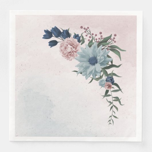 Serviette En Papier bleu marine rose roux bleu vert fleuri mariage (Devant)