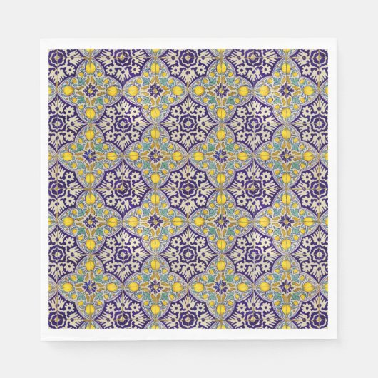 Serviette En Papier Bleu Méditerranée Motif Fleurs Jaunes (Devant)