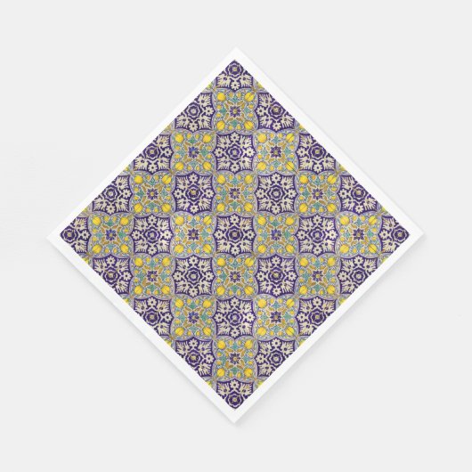 Serviette En Papier Bleu Méditerranée Motif Fleurs Jaunes (Coin)