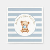 Serviette En Papier Bleu minimes rayures Ours en peluche Anniversaire (Devant)