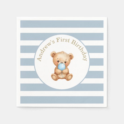 Serviette En Papier Bleu minimes rayures Ours en peluche Anniversaire (Devant)
