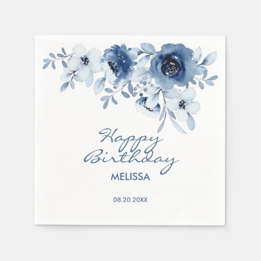 Serviette En Papier Bleu moderne Rose verdure fleurie Anniversaire (Devant)