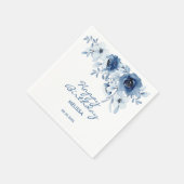 Serviette En Papier Bleu moderne Rose verdure fleurie Anniversaire (Coin)