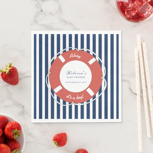 Serviette En Papier Bleu nautique Baby shower rayé garçon (En situation)