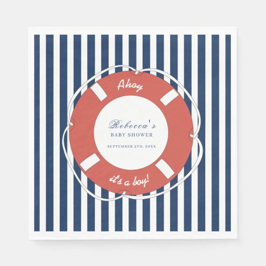 Serviette En Papier Bleu nautique Baby shower rayé garçon (Devant)