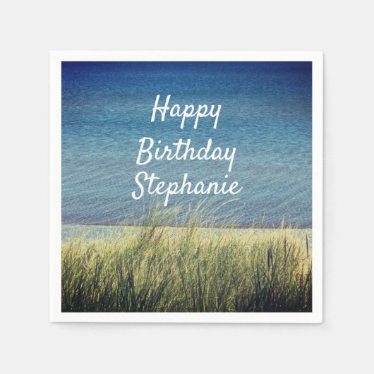 Serviette En Papier Bleu nautique Joyeux Anniversaire Plage Paysage mi (Devant)