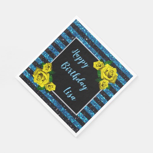 Serviette En Papier Bleu noir Parties scintillant rayures Roses Jaunes (Coin)