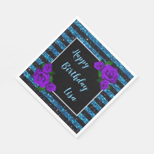 Serviette En Papier Bleu noir Parties scintillant rayures violet Roses (Coin)