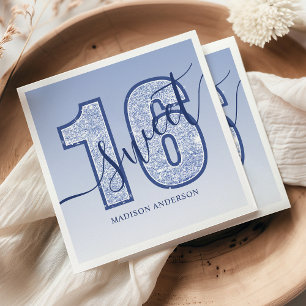 Serviette En Papier Bleu Nuit Pailleté Écriture Joyeux 16ème Anniversa
