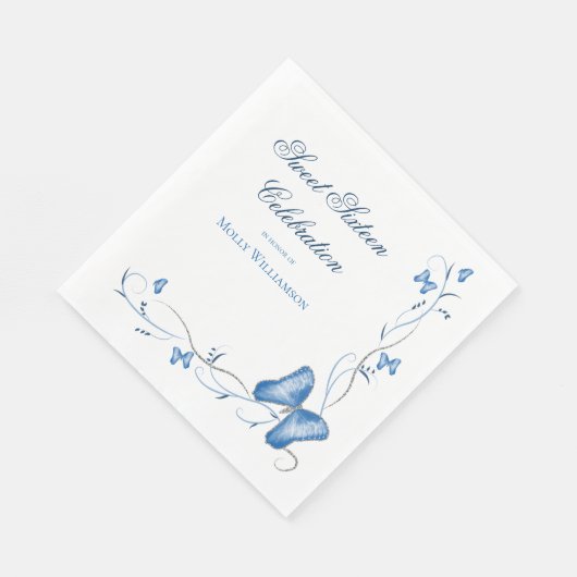 Serviette En Papier Bleu papillons & torchons doux 16 (Coin)