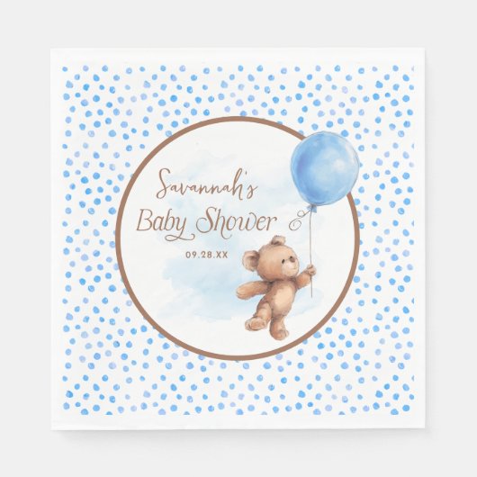 Serviette En Papier Bleu Polka Dot Teddy Bear Balloon Baby shower (Devant)