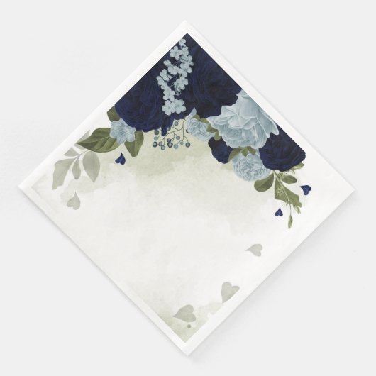 Serviette En Papier bleu poussiéreux et bleu marine fleurs verdure (Coin)