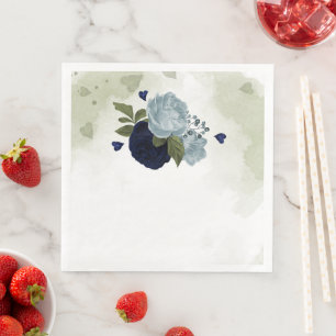 Serviette En Papier bleu poussiéreux et fleurs bleu marine verdure