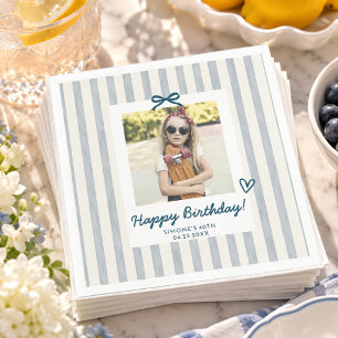 Serviette En Papier Bleu Poussiéreux Photo Ruban Anniversaire Chic