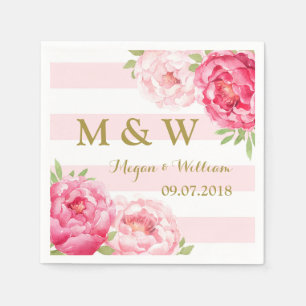 Serviette En Papier Bleu rayures rose Mariage d'aquarelle Monogramme