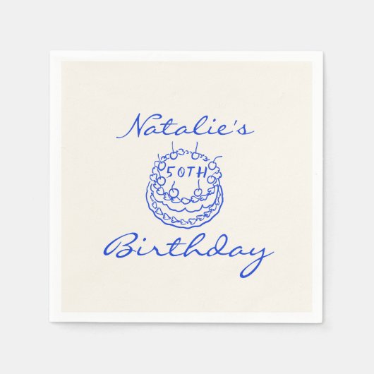 Serviette En Papier Bleu rétro 50e Main Drawn Cake Milestone Anniversa (Devant)