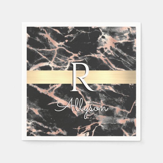 Serviette En Papier Bleu & Rose Gold Marble Barre Or, What Nom Monogra (Devant)