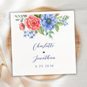 Serviette En Papier Bleu Rouge Floral Monogramme Mariage patriotique