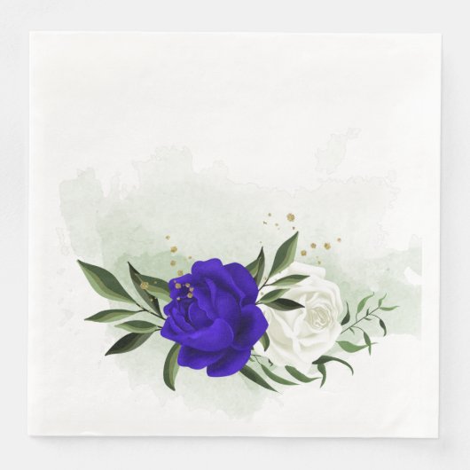 Serviette En Papier bleu royal et fleurs blanches verdure (Devant)