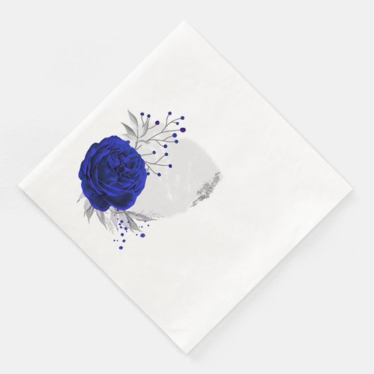 Serviette En Papier bleu royal fleurs & argent feuilles blanc (Coin)