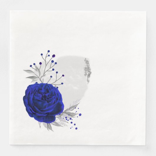 Serviette En Papier bleu royal fleurs & argent feuilles blanc (Devant)
