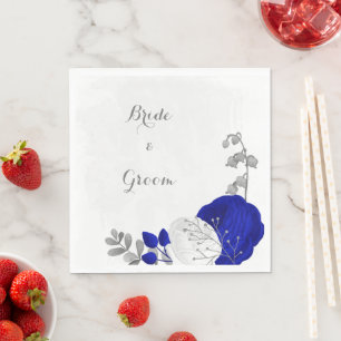 Serviette En Papier bleu royal & fleurs blanches mariage argent