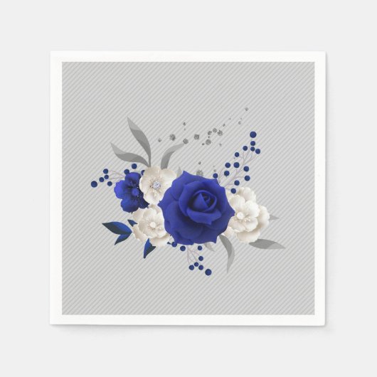 Serviette En Papier bleu royal rose blanc fleurs gris mariage (Devant)