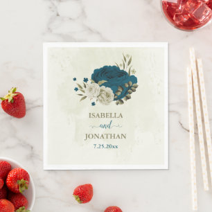 Serviette En Papier bleu sarcelle beige floral botanique mariage
