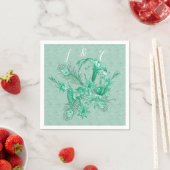 Serviette En Papier Bleu sarcelle - Fond texturé vert avec des fleurs (En situation)