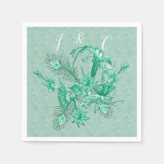 Serviette En Papier Bleu sarcelle - Fond texturé vert avec des fleurs (Devant)
