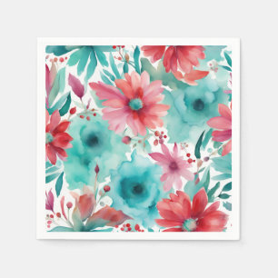Serviette En Papier bleu turquoise Aquarelle rouge Fleurs de printemps