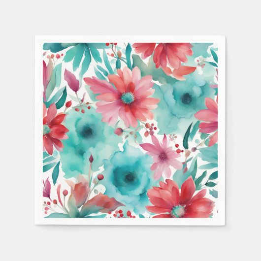 Serviette En Papier bleu turquoise Aquarelle rouge Fleurs de printemps (Devant)