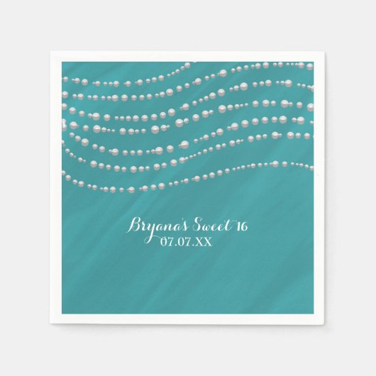 Serviette En Papier Bleu Turquoise & Perles Fête des mariées élégante (Devant)