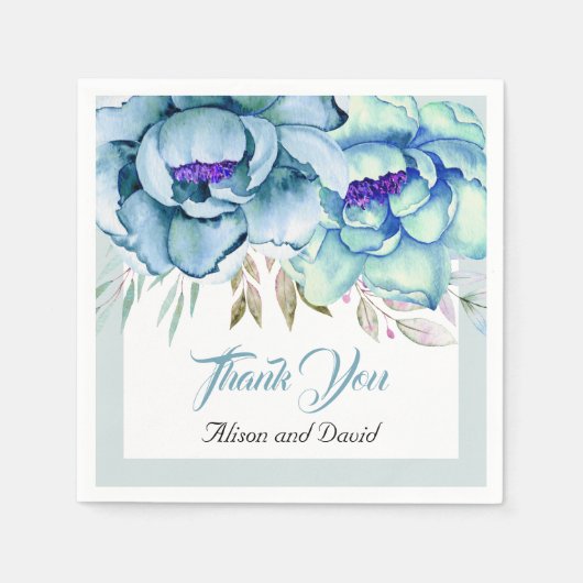 Serviette En Papier Bleu, vert menthe aquarelle fleurs mariage florale (Devant)