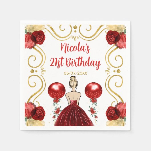 Serviette En Papier Blonde Princesse de fête d'anniversaire en rouge (Devant)