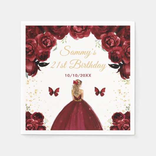 Serviette En Papier Blonde Rouge foncé Cheveux Princesse Anniversaire (Devant)