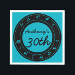 Serviette En Papier Blue 30th Birthday Party Papier personnalisé Napki<br><div class="desc">Papier d'anniversaire personnalisable serviettes. Vous pouvez facilement modifier la couleur et la couleur du texte,  la police,  la taille et la position de l'arrière - plan en cliquant sur le bouton personnaliser. correspondant aux plaques papier.</div>